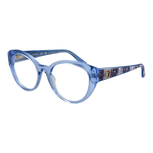 Guess Blue Women Glasses Frame in full-rim acetate design, size 53-19-140, featuring blue demo lenses and spring hinge, includes branded case.