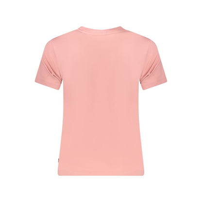 Back view of Guess Jeans Pink Cotton Women T-Shirt, short-sleeved crew-neck top in eco-friendly fabric with bold design.