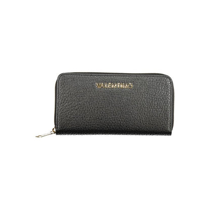 Mario Valentino Black Polyethylene Wallet with zip closure, featuring 6 compartments, coin purse, double card spaces, logo detail.
