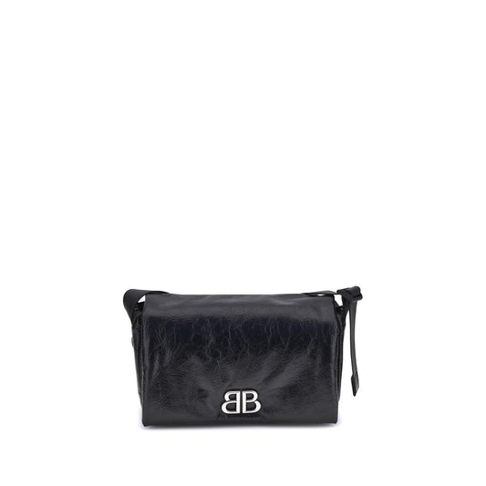 Balenciaga Black Calf Leather Bos Taurus Shoulder Bag with silver-tone logo plaque and adjustable strap  - front view