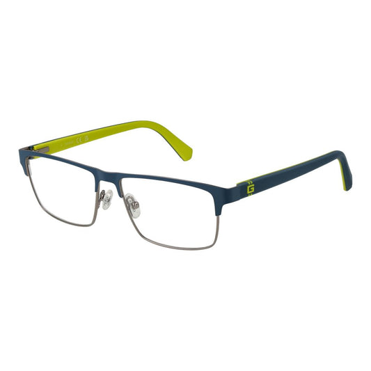 Guess Blue Men Glasses Frame, metal full-rim, rectangle style with demo lenses, blue frame, 53mm lenses, 145mm temples, includes branded case.