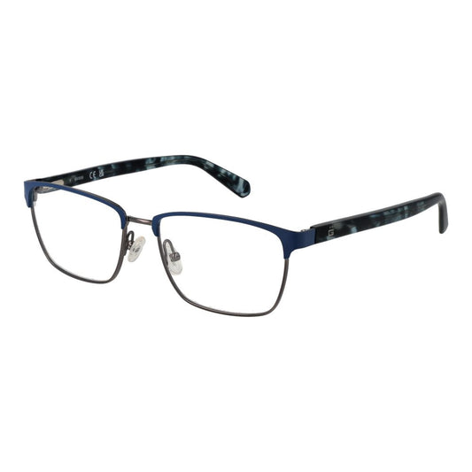 Guess Blue Men Glasses Frame, full-rim rectangle style with blue metal frame and demo lenses. Includes branded case. Size 55-17-145.