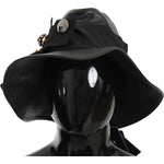 Dolce & Gabbana Black Leather DG Coin Crystal Wide Brim Hat HAT70222-56