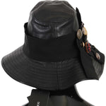 Dolce & Gabbana Black Leather DG Coin Crystal Wide Brim Hat HAT70222-56