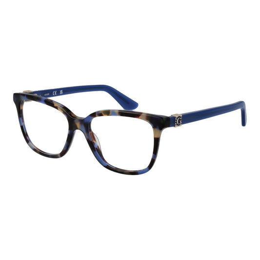 Guess Blue Women Glasses Frame with full-rim plastic design, rectangle shape, demo lenses, 49 size, blue color, and branded case included.