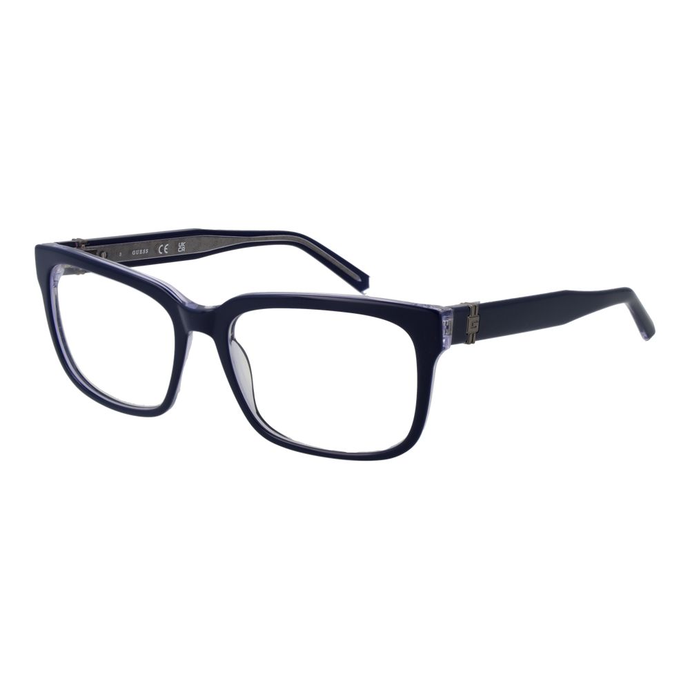 Guess Blue Men Glasses Frame, acetate full-rim style with demo plastic lenses, rectangle shape, spring hinge, includes branded case.