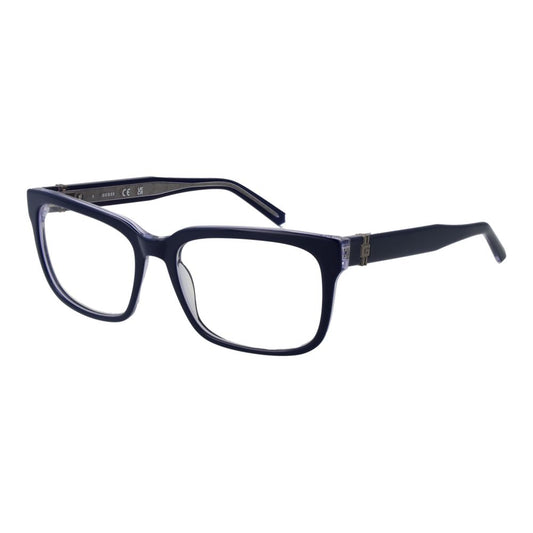 Guess Blue Men Glasses Frame, acetate full-rim style with demo plastic lenses, rectangle shape, spring hinge, includes branded case.
