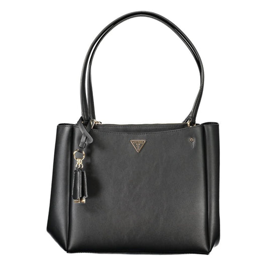 Guess Jeans Black Polyethylene Women Handbag with twin shoulder handles and sleek design, featuring external pockets and protective feet.