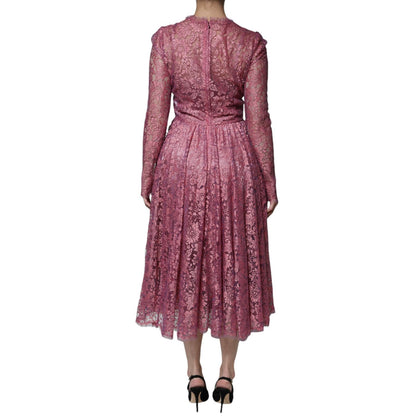Dolce & Gabbana Pink Floral Lace Long Sleeve Midi Dress