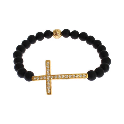 Nialaya Matte Onyx Stone Gold CZ Cross 925 Silver Bracelet