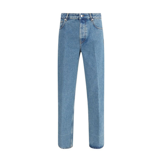 Valentino Blue Cotton Straight-Leg Jeans with leather patch, five-pocket design, and belt loops, season AW25, regular fit, 100% cotton.