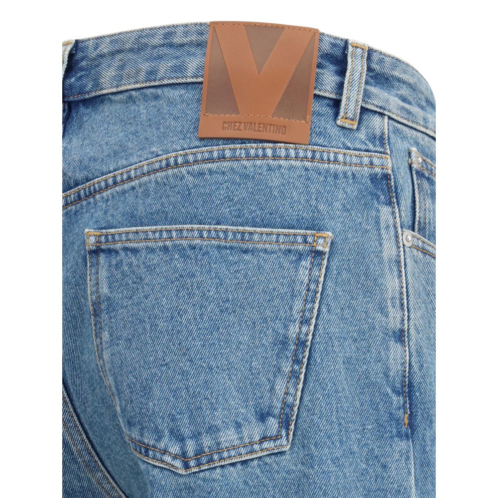 Valentino Blue Cotton Straight-Leg Jeans with logoed leather patch detail on the back waist, classic five-pocket design.