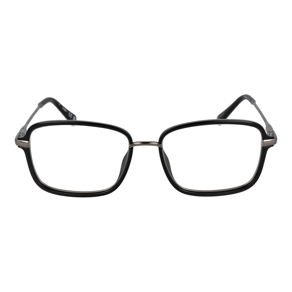 Guess Black Men Glasses Frame in stainless steel, full-rim, rectangle style with demo lenses, black color, 145mm temples, includes branded case.
