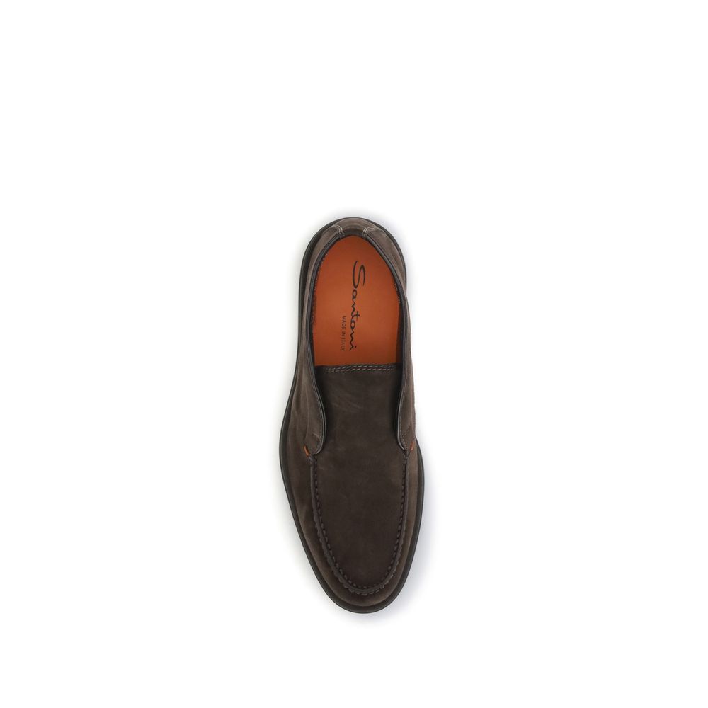 Santoni Brown Calf Leather Bos Taurus Slip-On Loafers