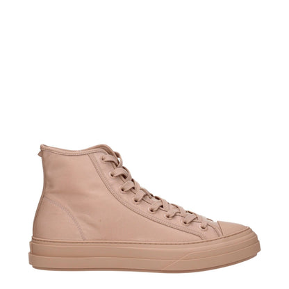 Valentino Garavani Pink Fabric High Top Sneakers with lace-up closure and rubber sole, featuring front and back logos, round toe design.