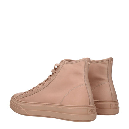 Valentino Garavani Pink Fabric High Top Sneakers with logos, lace-up style, and rubber sole, featuring a low, flat heel and round toe.