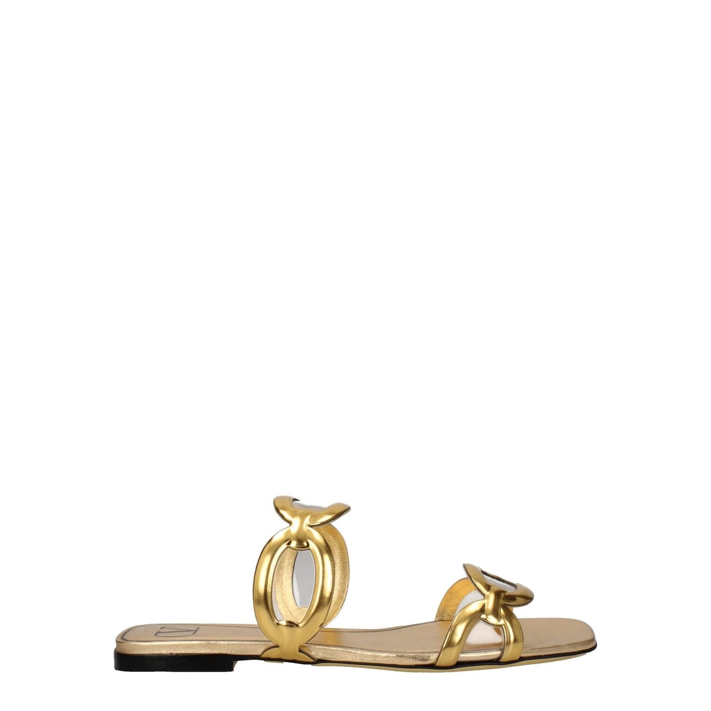 Valentino Garavani Gold Leather Slippers, open toe design, flat heel, casual style, MPN S0GK2NHEV3L, luxurious gold leather.