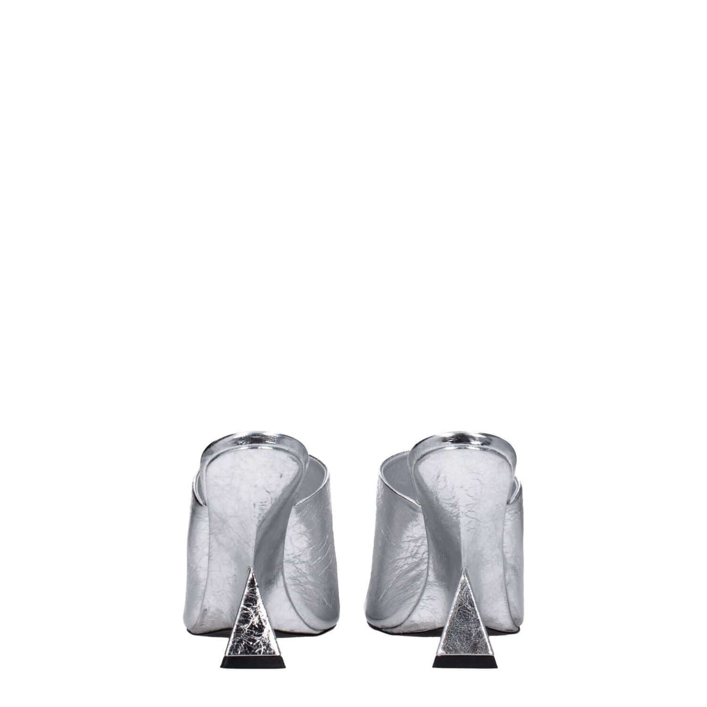 The Attico Gray Leather Platform Sandals with high heels and open toe design, featuring a silver vintage effect.