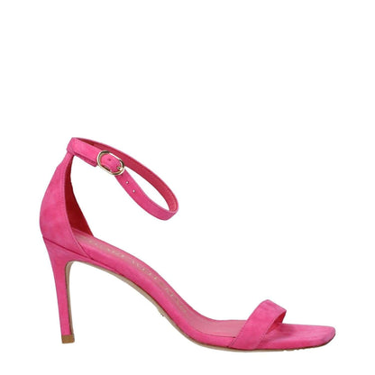 Stuart Weitzman Pink Leather Stiletto Heel Sandals with buckle closure, fuchsia suede, and open toe design. Elegant high heel style.