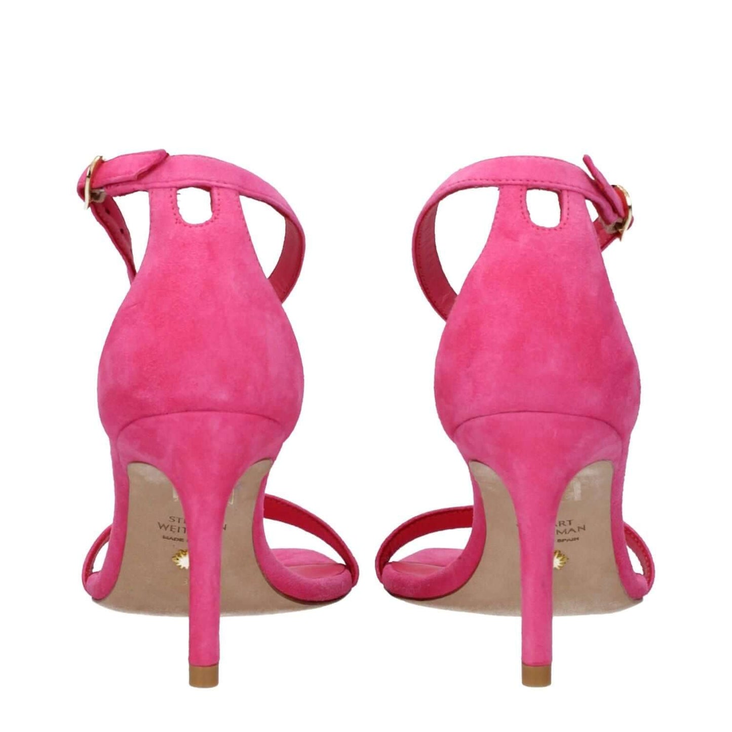 Stuart Weitzman Pink Leather Stiletto Heel Sandals with buckle closure and open toe, high heel, suede in fuchsia, MPN NUNAKEDCURVE85SUESE134