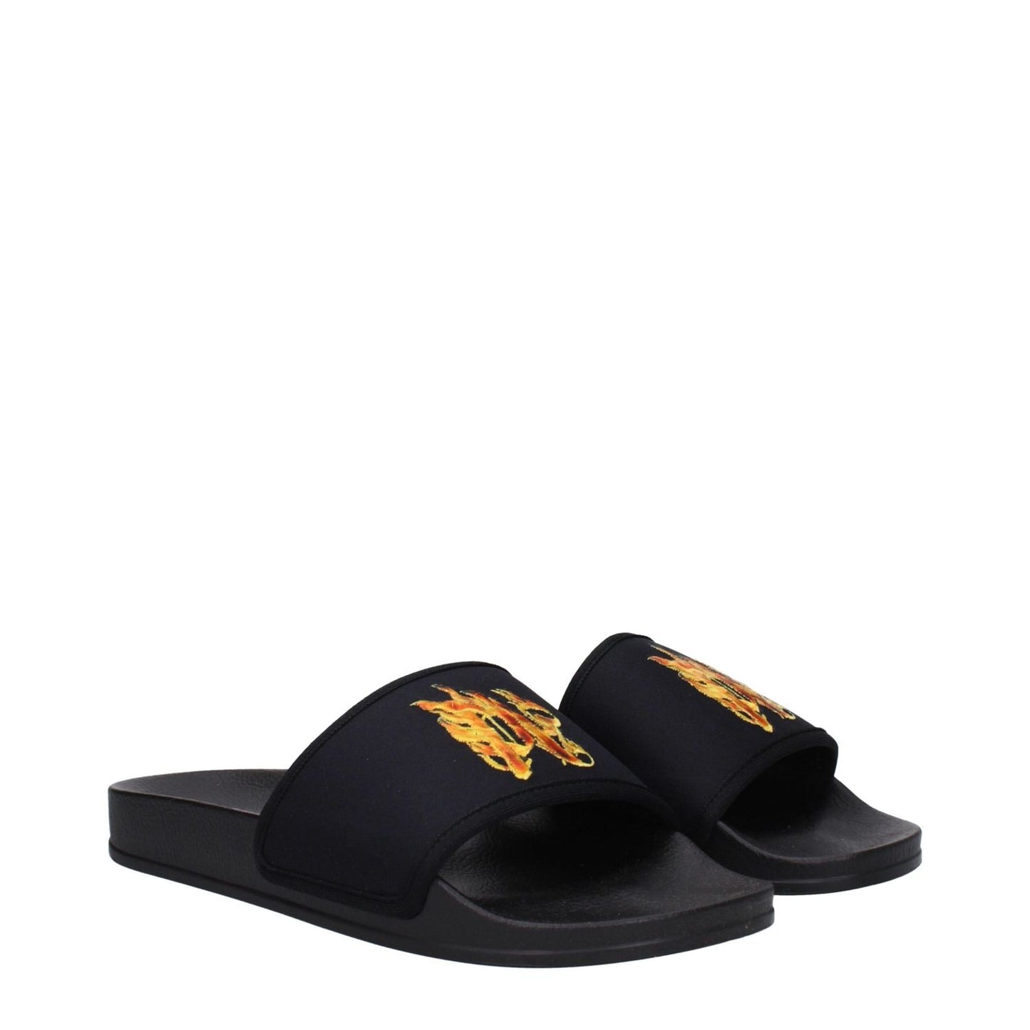 Palm Angels Black Fabric Slippers with front logo, rubber sole, open toe, low flat heel, MPN PMIC010MAT0021020, product code F80850.