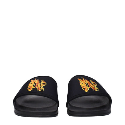 Palm Angels Black Fabric Slippers with front logo and rubber sole, featuring a low and flat heel and open toe design.