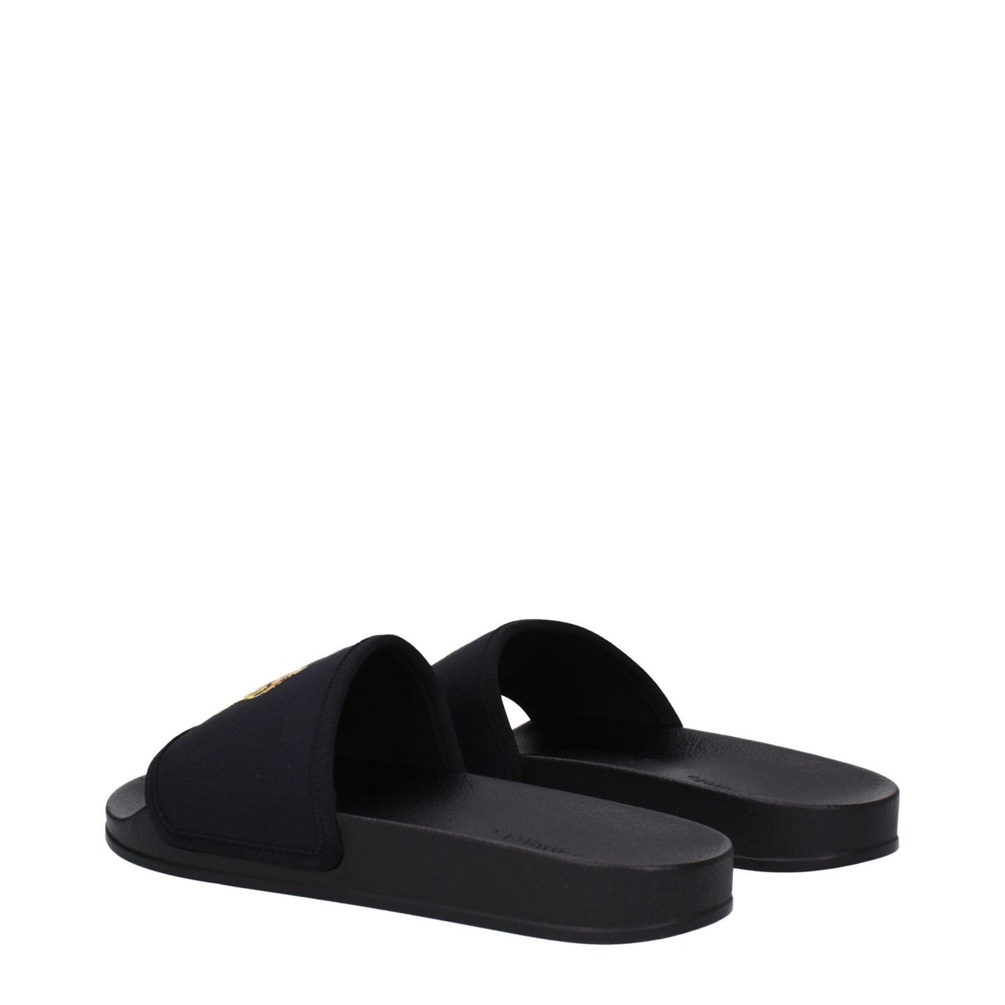 Palm Angels Black Fabric Slippers with open toe and front logo on rubber sole, MPN PMIC010MAT0021020, low flat heel.