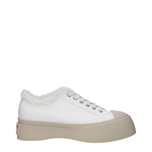 Marni White Leather Low Top Sneakers with fur detail, front and back logo, rubber sole, casual lace-up style, and round toe.