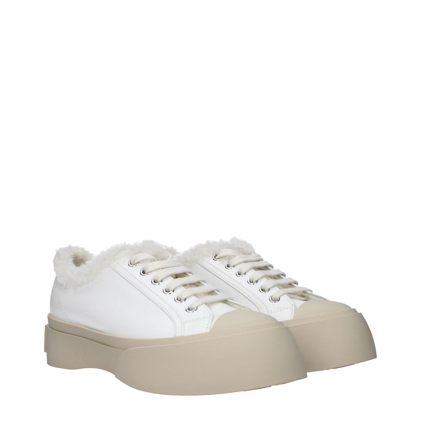 Marni White Leather Low Top Sneakers with fur detail and rubber sole.