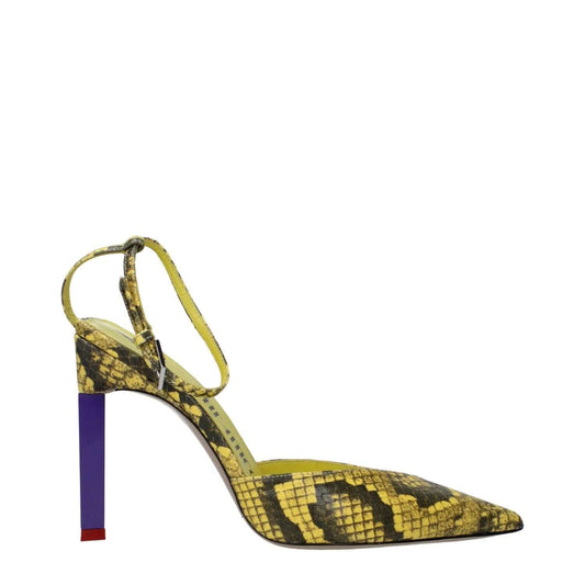 The Attico Yellow Leather Pumps with snake print, high heel, buckle closure, 10.5 cm heel, pointy toe, and leather sole.
