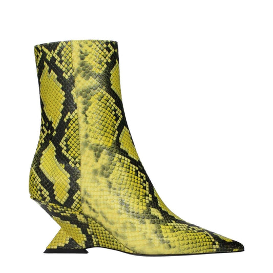 The Attico Yellow Leather Ankle Boots with snake print, pointy toe, mid heels, zip closure, 7 cm heel height.