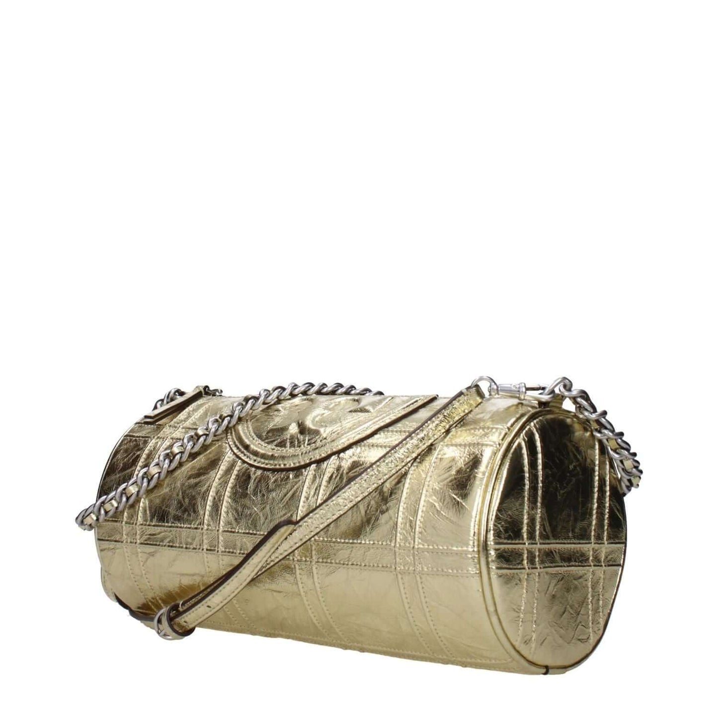 Tory Burch Gold Leather Shoulder Bag with metallic finish and adjustable chain strap, front logo, and zip closure.