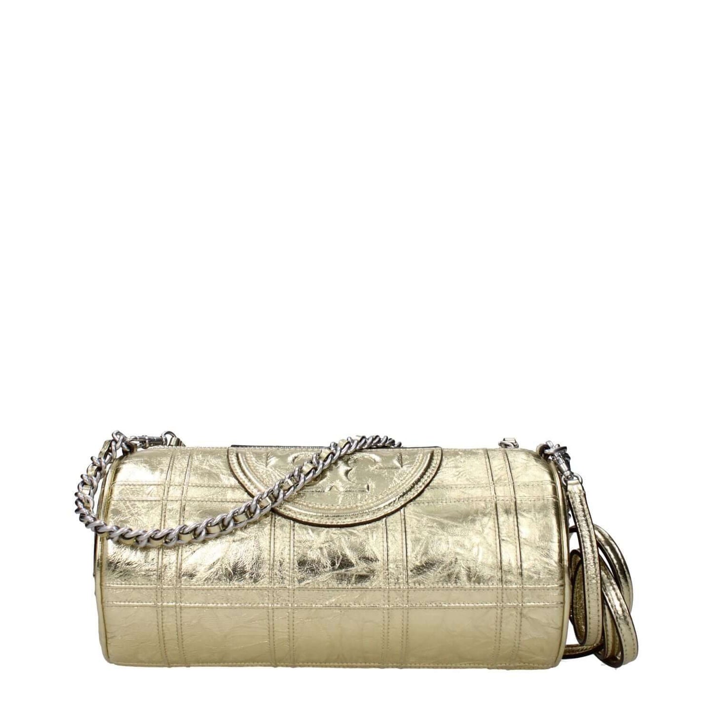 Tory Burch Gold Leather Shoulder Bag with front logo, metallic effect, and adjustable, removable shoulder strap.