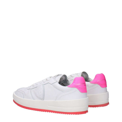 Philippe Model White Leather Sneakers with neon pink heel, casual lace-up design, rubber sole, front and back logo, round toe, vintage effect.