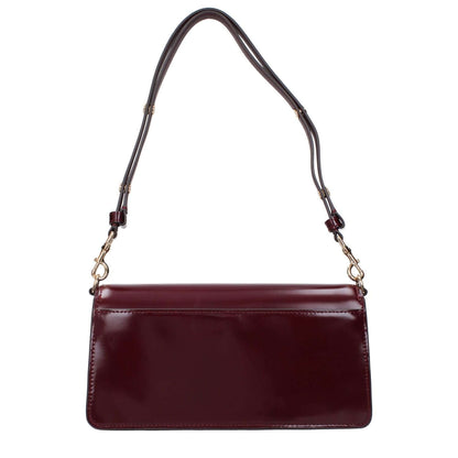Tory Burch Red Leather Shoulder Bag with patent leather, adjustable handle, and front logo.