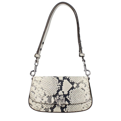 Tory Burch White Leather Shoulder Bag with front logo, adjustable and removable handles, featuring a snake skin pattern.