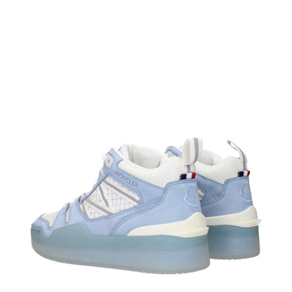 Moncler White Leather High Top Sneakers with logos on front, side, and back, elegant design for stylish footwear enthusiasts.