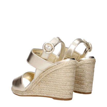 Prada Gold Leather Wedge Sandals with vintage effect, featuring MPN 1XZ69204C095F0846, elegant design with gold leather and woven wedge.
