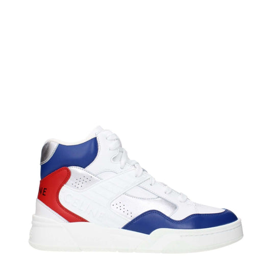 Celine White Leather Athletic Sneakers with front, side, and back logos, featuring a stylish design in a white, blue, and red colorway.