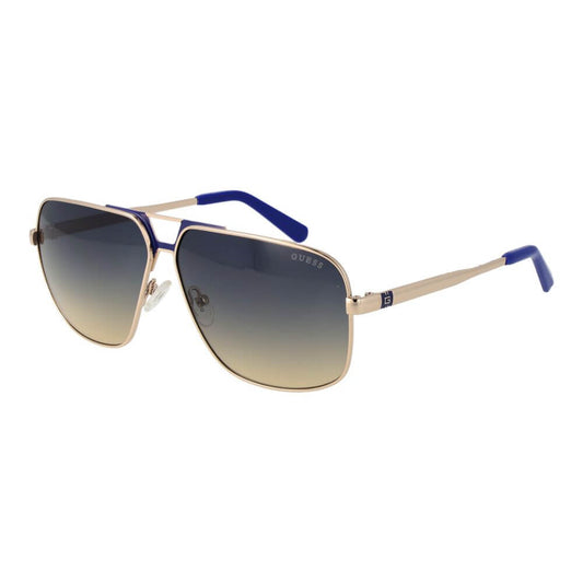 "Guess Silver Metal Sunglasses with blue gradient lenses, full-rim metal aviator frame, 61mm lens width, includes branded case."