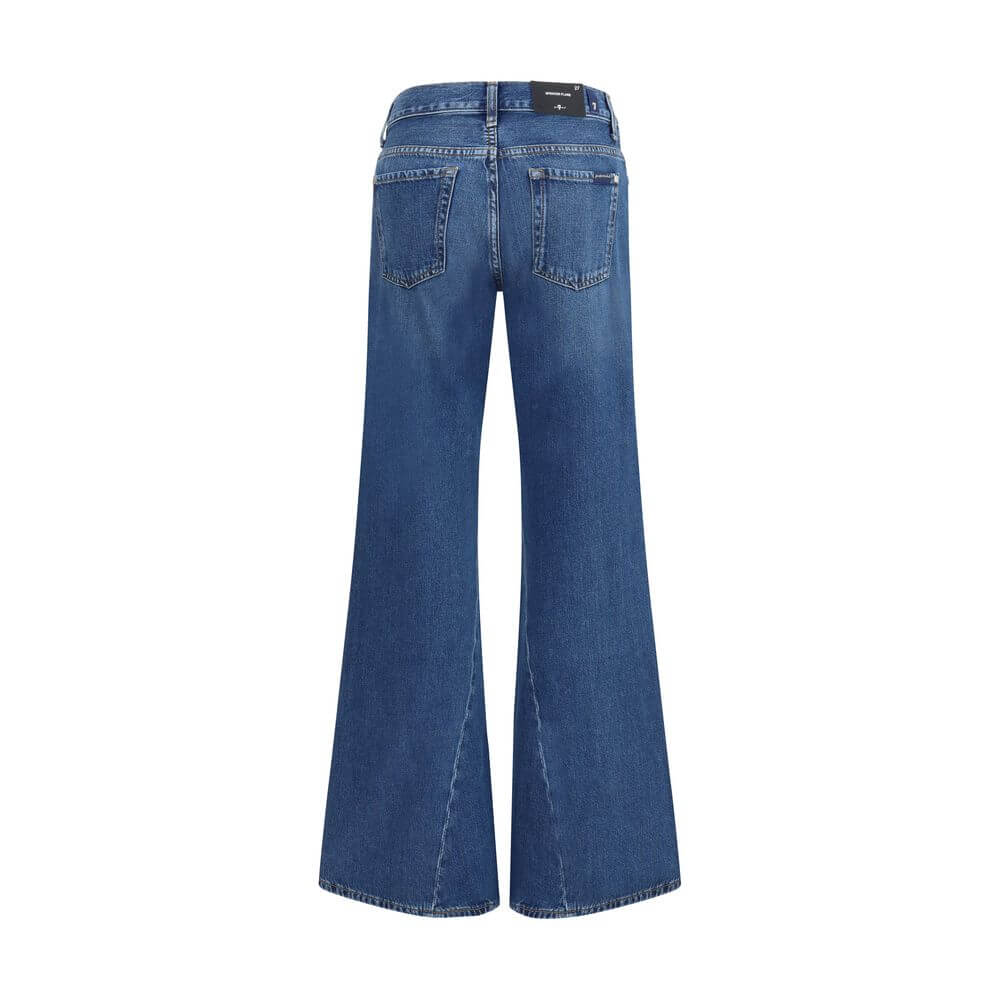 Back view of 7FOR Blue Cotton Flared Jeans with classic five-pocket style, slight flare design, and twisted seams in dark blue denim.