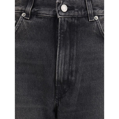 Haikure Black Cotton Relaxed Fit Jeans with wide-leg design, medium waist, five-pocket style, and logoed leather patch on the back.