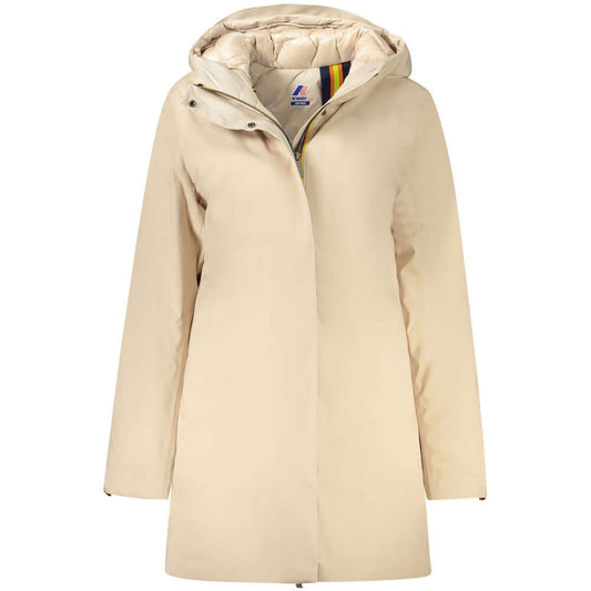 K-WAY Beige Polyester Jackets & Coat, long sleeve trench with hood, padded, features zip, buttons, logo, external and internal pockets.