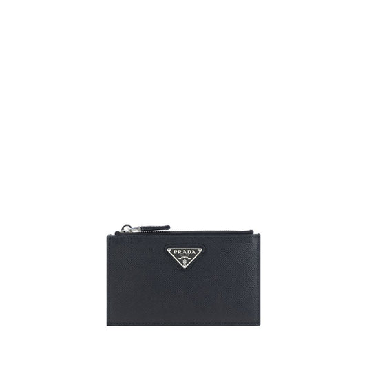 Prada Black Calf Leather Bos Taurus Wallet, featuring grained leather, card slots, and iconic enameled plaque in compact design.