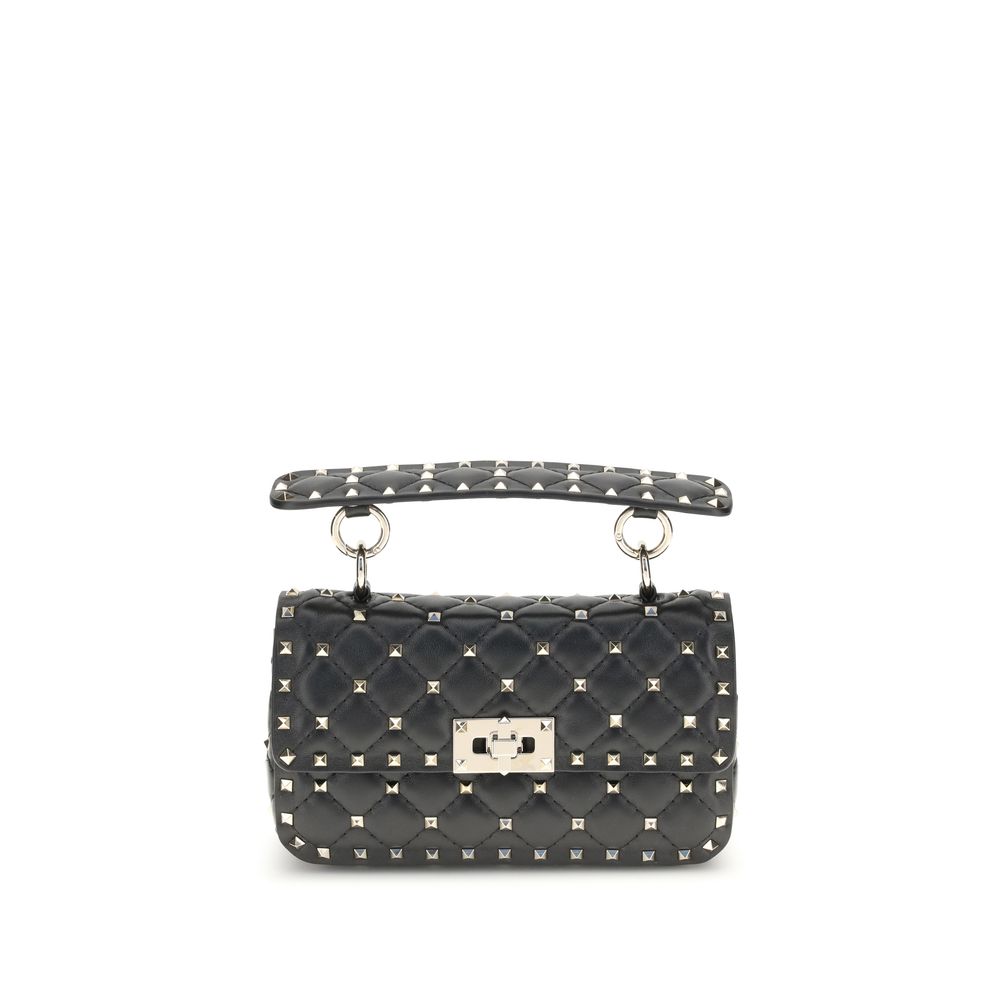 Valentino Garavani Black Calf Leather Bos Taurus Handbag with studded shoulder strap and chic rockstud design.