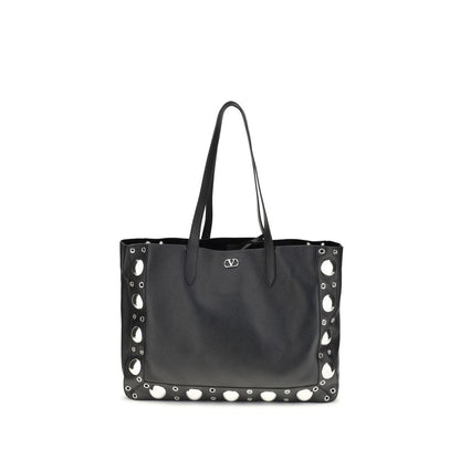 Valentino Garavani Black Calf Leather Bos Taurus Shoulder Bag with studded details and VLogo emblem, showcasing luxury and elegance.