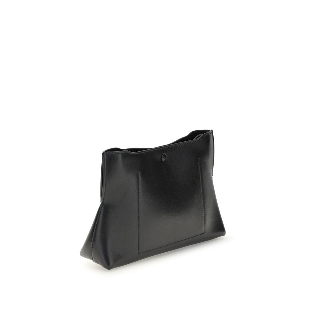 Back view of Givenchy Black Calf Leather Bos Taurus Clutch Bag with magnetic closure and gold-printed logo, showcasing its elegant design.