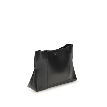 Back view of Givenchy Black Calf Leather Bos Taurus Clutch Bag with magnetic closure and gold-printed logo, showcasing its elegant design.