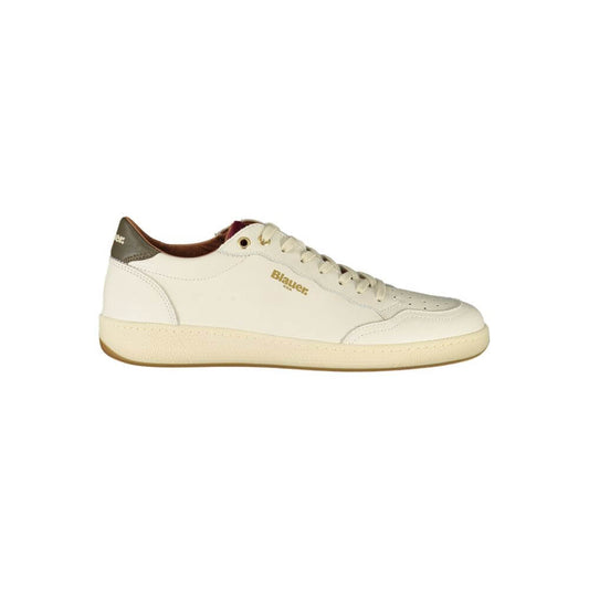 Blauer White Leather Men Sneaker with green accents and iconic logo, urban style, sculpted silhouette, perfect for modern men on the move.