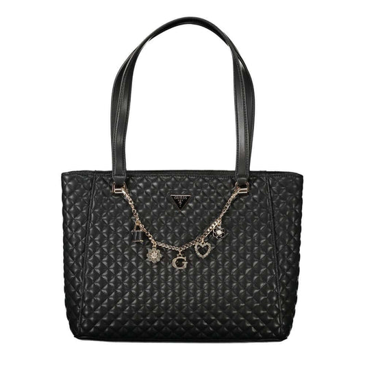 Guess Jeans Black Polyethylene Women Handbag with quilted texture and decorative charm chain.